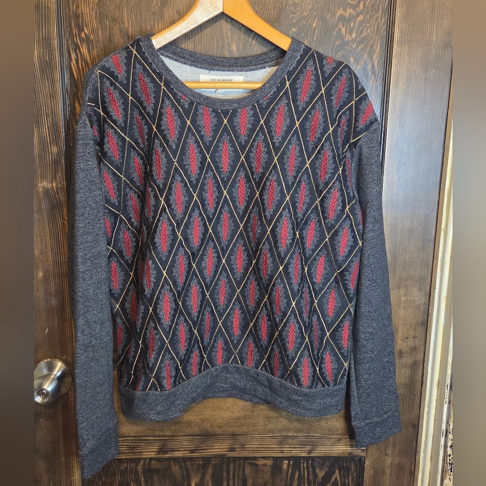 Miss Me Vintage Black Red Gold Embroidered Diamond Pattern Women's Sweater Sz L